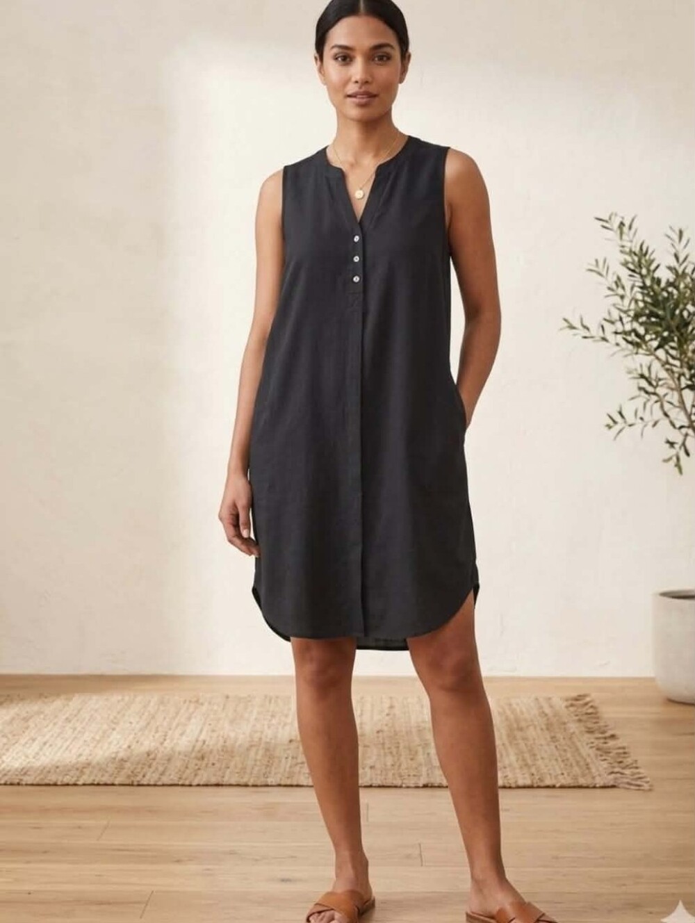 J Jill Sleeveless Tunic Dress Pockets Black Tulip Hem